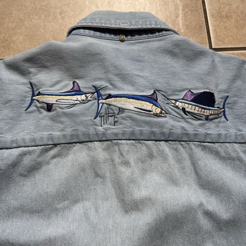 Vintage Guy Harvey Classic Denim Shirt Mens XL Embroidered Marlin Sailfish Fish